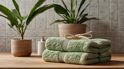 Fototapeta premium Still life of stacked green towels with a bow, plants, and soap dispenser on a wooden surface