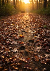 Obraz premium Footprints on a leaf-covered path in a forest at sunset.