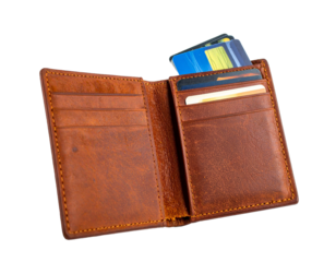 Leather wallet with cards peeking out, isolated PNG