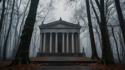 A neoclassical building with columns surrounded by trees in a misty and atmospheric setting