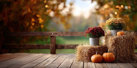 Autumn banner . Hay bales, pumpkins and iron buckets with chrysanthemums decorate a wooden porch against a blurred autumn background. Cozy fall backdrop  for for harvest theme, home decoration