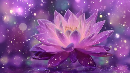 Floating lotus with pink and light purple glow on sparkling purple background