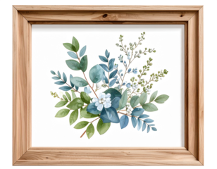 Framed botanical print with wooden frame, isolated on white PNG
