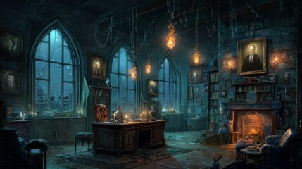 Obraz premium Dark And Mysterious Gothic Study Room Interior