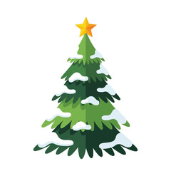 Cartoon Christmas tree with snow on branches and a star on top, isolated on white.