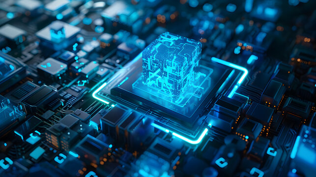 Futuristic glowing blue circuit board with central processor and data flow