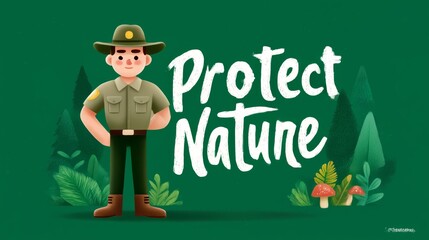Ranger stands confidently with the message to protect nature in vibrant vector poster design to inspire environmental awareness