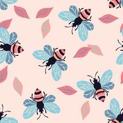 Seamless pattern with bees. Small wasp. Vector illustration. Design for invitation, cards, textile, fabric. Doodle style.