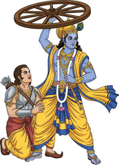 Arjuna stops by god Krishna  while holding chariot wheel to attack Bhishma — Mahabharata vector scene