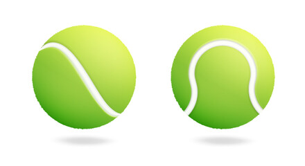 Two Colorful Tennis Balls with White Stripes, Rotated Differently. Illustration on Pure White Background with Shadow.