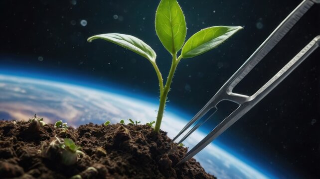 Green sprout growing from soil with tweezers against a backdrop of earth from space view