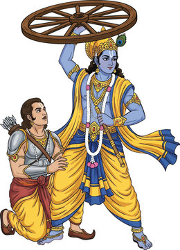 Arjuna stops by god Krishna  while holding chariot wheel to attack Bhishma &mdash; Mahabharata vector scene