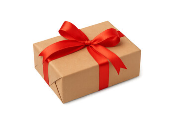 Obraz premium Gift Box of Affection: A meticulously wrapped gift box, adorned with a vibrant red ribbon, presented on a neutral backdrop, signifying heartfelt sentiments, and thoughtful gestures of gifting.