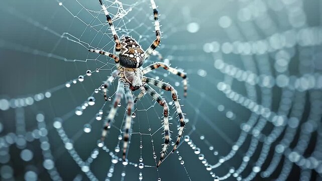 A spider patiently repairing its web after a rainstorm