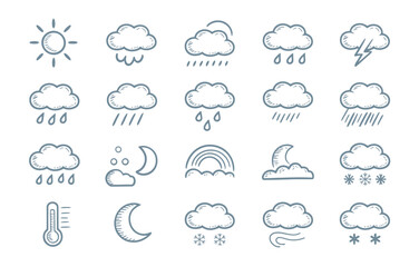 Obraz premium Simple weather forecast icons including rain, storm, wind, moon, and rainbow with hand-drawn aesthetic