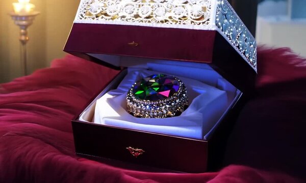 Illuminating decorative jewelry box with intricate design on a velvet surface in warm ambient light