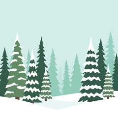 A serene winter landscape featuring snow-covered evergreen trees in a snowy setting.