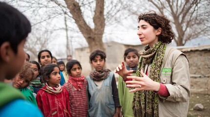 NGO worker engaging with a group of children outdoors, fostering connection and support. Ideal for humanitarian campaigns, nonprofit visuals, educational outreach, and global community projects.
