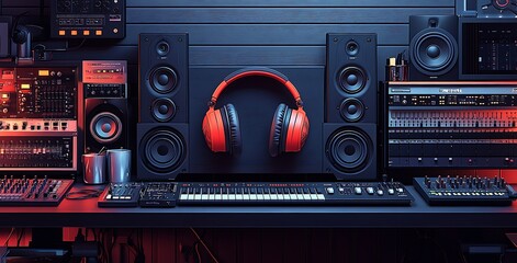 Professional Music Studio Setup Headphones, Speakers, and Audio Equipment