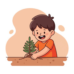 A smiling child planting a small tree in the soil, promoting environmental care.