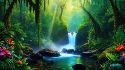 Lush jungle waterfall scene, sun rays illuminating mist and vibrant flowers