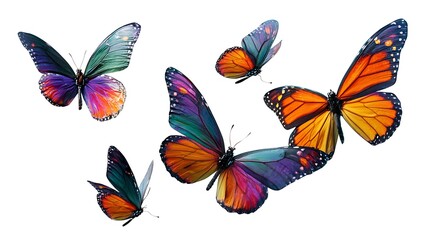 Flying five butterflies isolated on white background vibrant wings light movement natural beauty soft