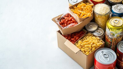 Food donation box with canned goods pasta and rice on white surface background