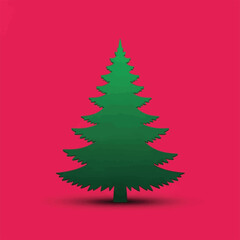 Green Christmas tree silhouette against a vibrant pink background.