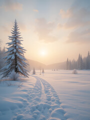 A tranquil snowy landscape bathed in the soft light of dawn, undisturbed by sound; a serene winter scene perfect for meditation and relaxation , still, white