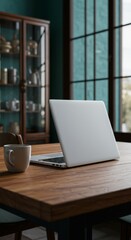 Laptop and Mug on Wooden Table by Window