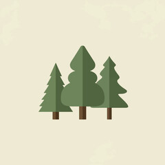 Simplified illustration of three evergreen trees, varying in height and shape, against a muted beige background.