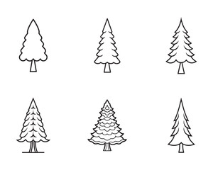 Set of Decorative Pine Tree Line Art Illustrations for Holiday Design and Winter Decorations in Black and White