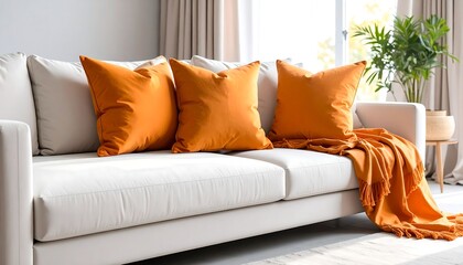 Modern orange throw pillows on cream couch
