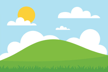 Obraz premium sunny landscape vector illustration with rolling green hills, blue sky, and fluffy white clouds