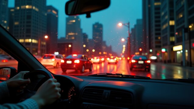 Punto de vista de un conductor atrapado en el tr&aacute;fico de la ciudad por la noche, con las luces traseras brillando en rojo a trav&eacute;s de un parabrisas cubierto de lluvia