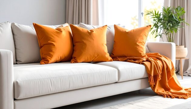 Modern orange throw pillows on cream couch