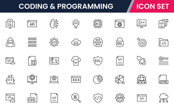 Coding and programming vector line icons featuring code brackets, laptops, bugs, debugging, algorithms, developers, software, scripts, and tech workflows.