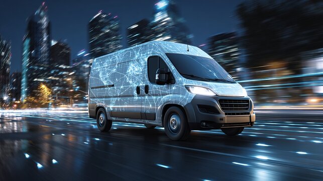 Futuristic electric delivery van driving on a city street at night creating innovation