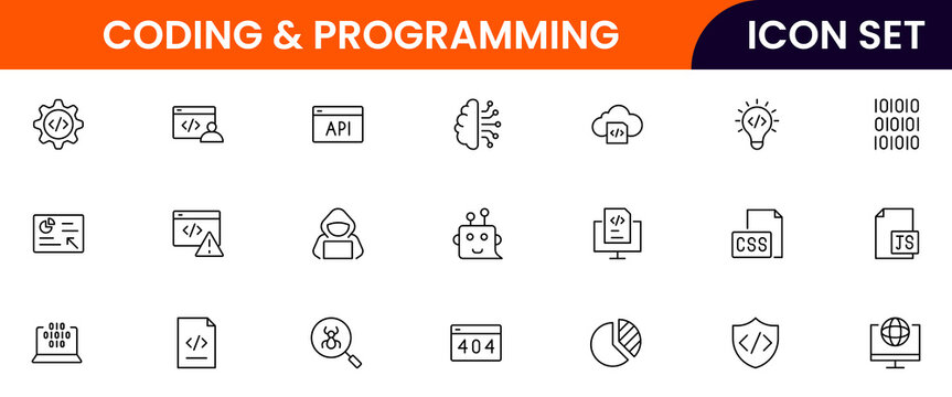 Coding and programming vector line icons featuring code brackets, laptops, bugs, debugging, algorithms, developers, software, scripts, and tech workflows.