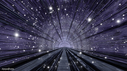 Dark purple tunnel with glowing white stars and reflective floor space galaxy