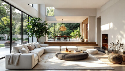 Fototapeta premium Wide-angle modern living room with split-level, natural light, white sofa, wood accents. 