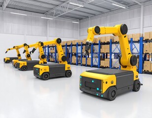 Automated warehouse robots picking boxes from shelves.  Multiple yellow and black robotic arms and vehicles work in a large, bright, modern warehouse.  High-tech logistics and automation