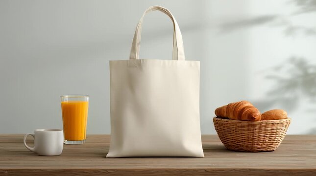 Cotton tote bag with orange juice and bread on table