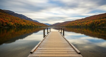 Naklejka premium Autumn Lake Dock with Colorful Forest Reflection