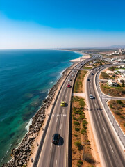Megadim Moshav, Israel - Cars Journeying on the Coastal Highway Adjacent to the Mediterranean Shoreline - Aerial Drone Shot