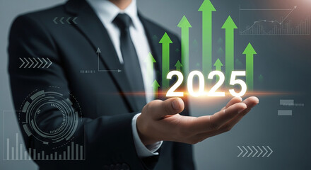 business growth 2025, businessman holding rising green arrows and futuristic infographic showing financial progress development and success prediction concept

