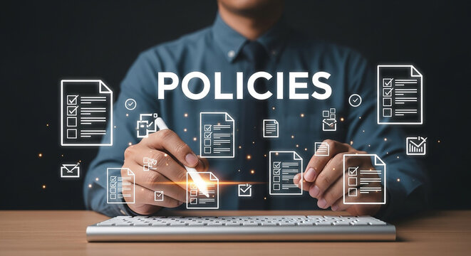 policy management, businessman working on keyboard with floating document icons representing company rules compliance regulation and digital governance system

