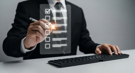 digital checklist, businessman ticking boxes on virtual task list using pen while working on keyboard representing productivity planning and workflow process

