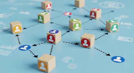 network connection, social media communication concept with colorful user icon cubes connected by arrows on blue background showing digital team structure

