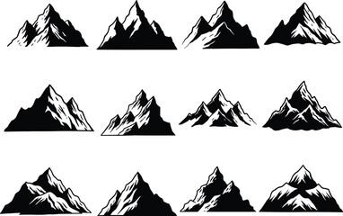 Mountain silhouette icons, black and white peaks, rocky mountain vector, alpine landscape design, snowcap logo set, nature summit illustration, adventure graphic symbols © Olaja Vector Vision